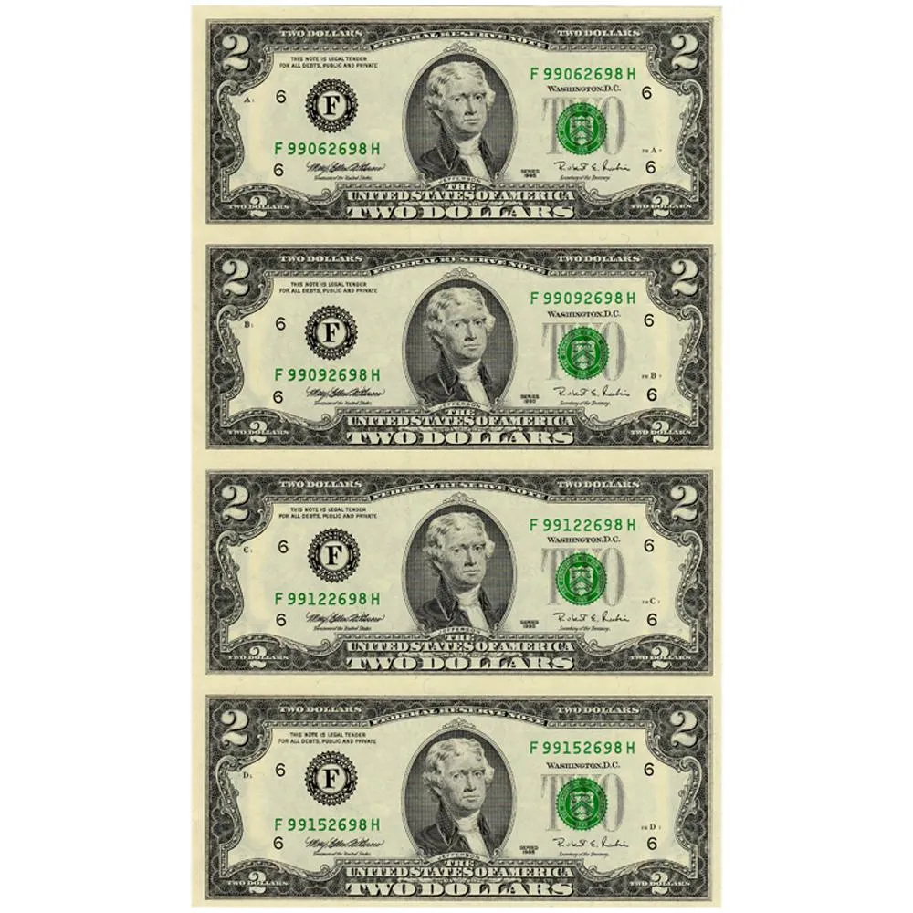 1995 Bureau of Engraving & Printing $2 Bill Uncut Sheet