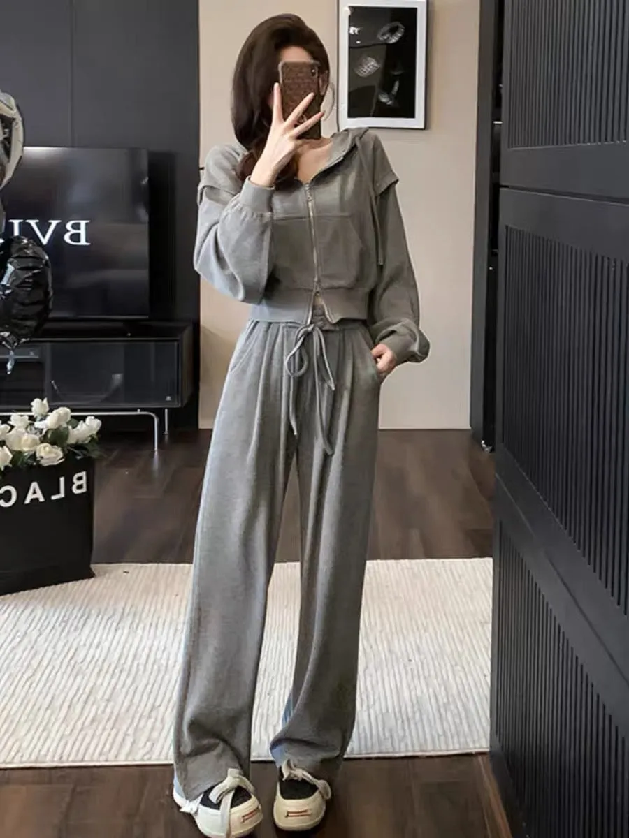 2023 Autumn and Winter New Fashionable and High-end Gray Cardigan Zippered Hooded Sweatshirt Strappy Waist Wide Leg Pants Suit (