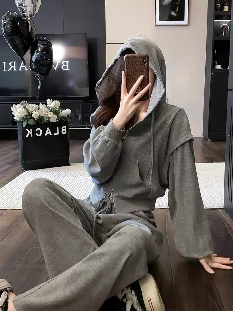 2023 Autumn and Winter New Fashionable and High-end Gray Cardigan Zippered Hooded Sweatshirt Strappy Waist Wide Leg Pants Suit (