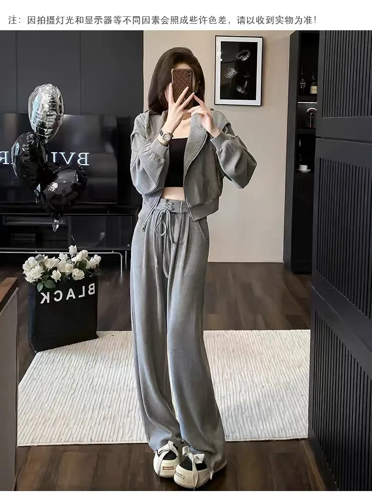 2023 Autumn and Winter New Fashionable and High-end Gray Cardigan Zippered Hooded Sweatshirt Strappy Waist Wide Leg Pants Suit (