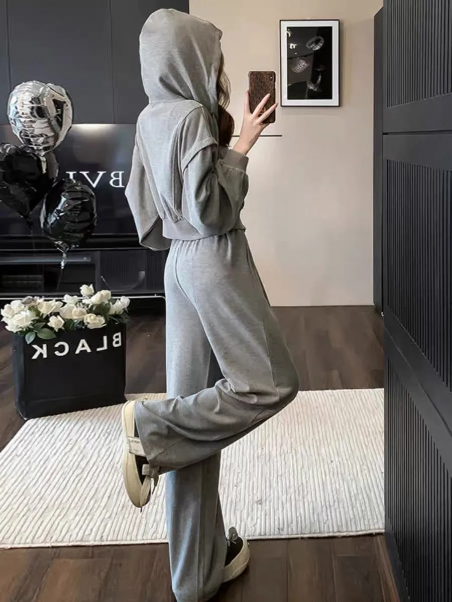 2023 Autumn and Winter New Fashionable and High-end Gray Cardigan Zippered Hooded Sweatshirt Strappy Waist Wide Leg Pants Suit (