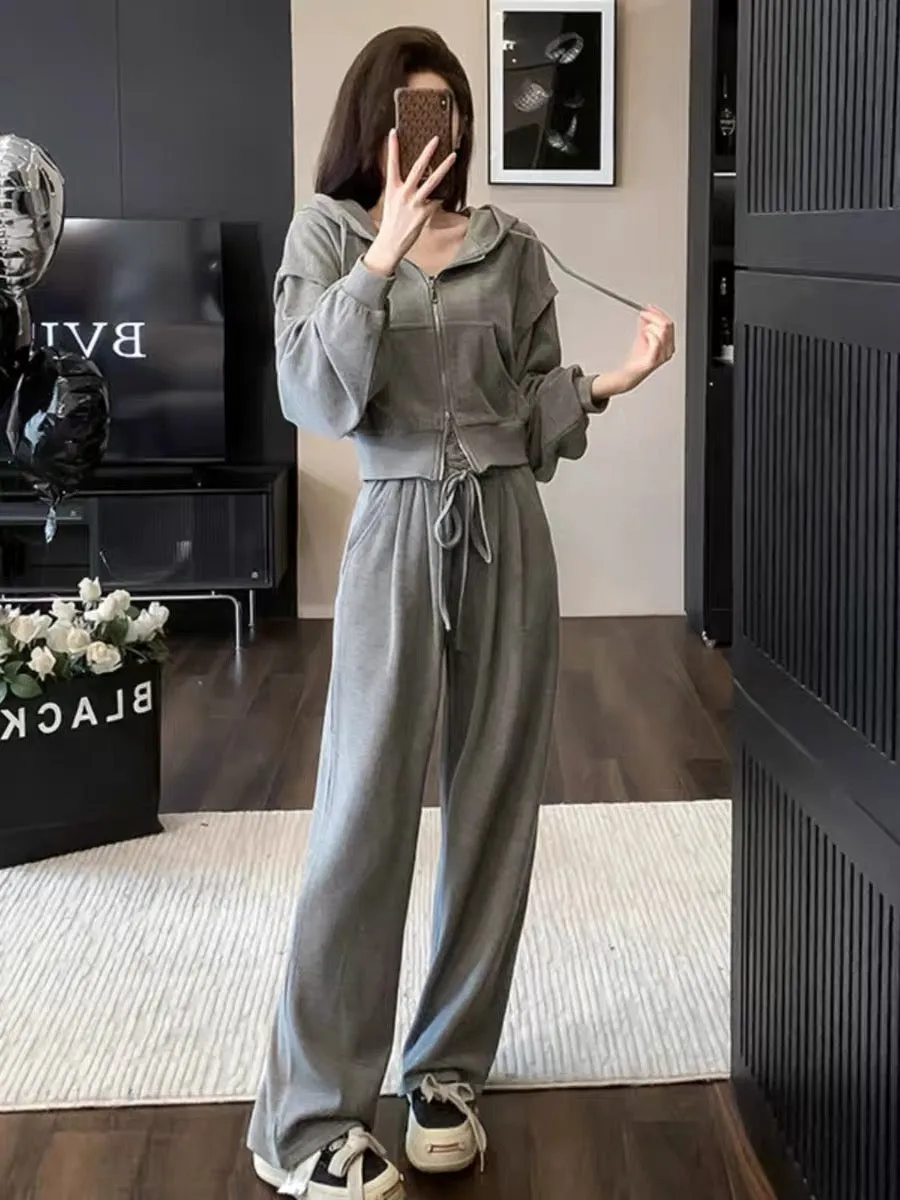 2023 Autumn and Winter New Fashionable and High-end Gray Cardigan Zippered Hooded Sweatshirt Strappy Waist Wide Leg Pants Suit (