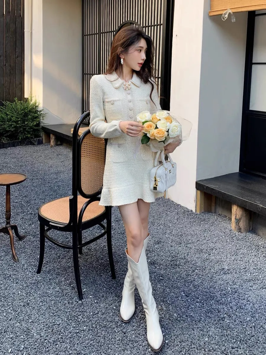 2023 autumn and winter socialite daughter Xiaoxiang style French gentle and sweet knitted lapel long-sleeved dress sweater short