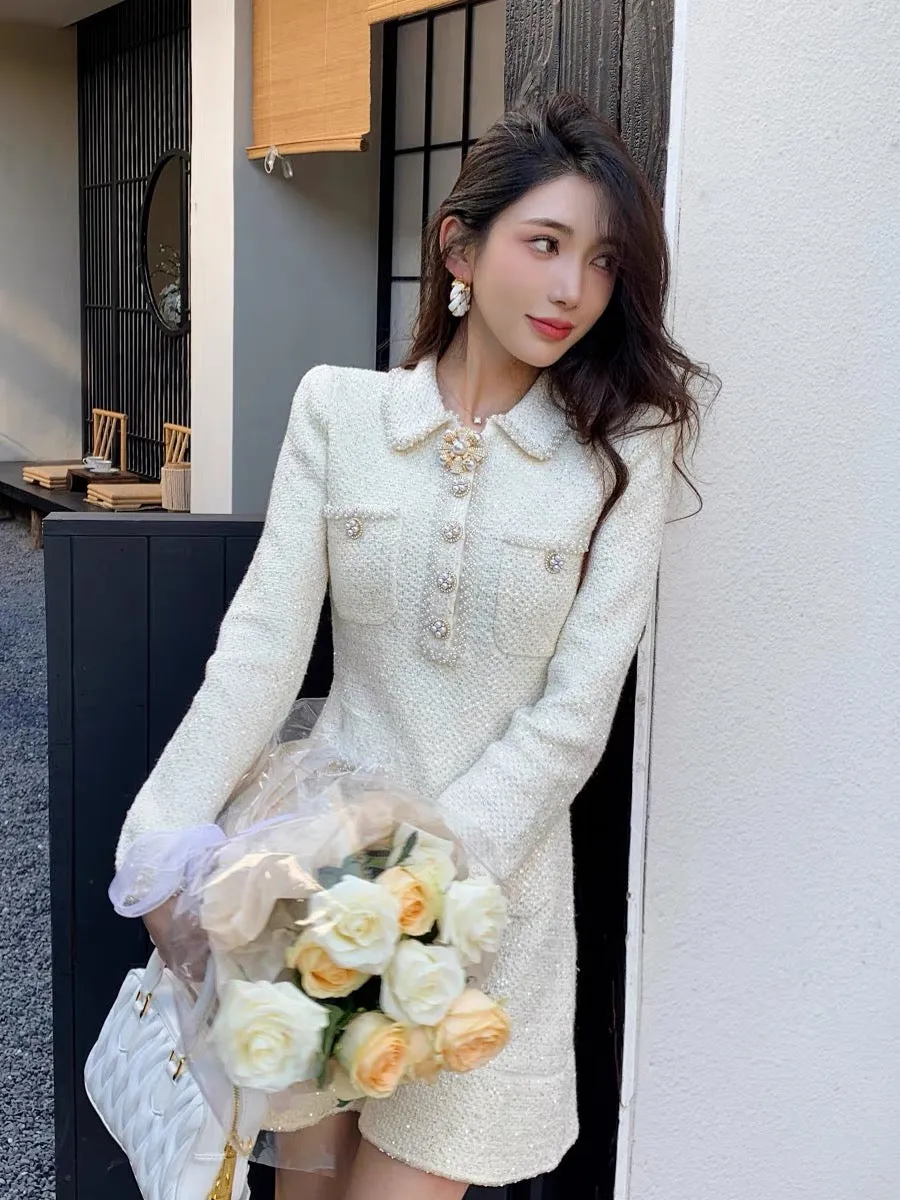 2023 autumn and winter socialite daughter Xiaoxiang style French gentle and sweet knitted lapel long-sleeved dress sweater short