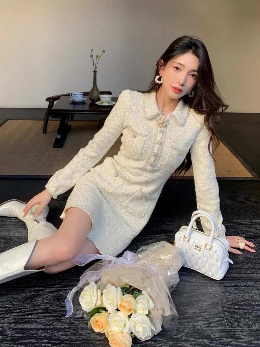 2023 autumn and winter socialite daughter Xiaoxiang style French gentle and sweet knitted lapel long-sleeved dress sweater short