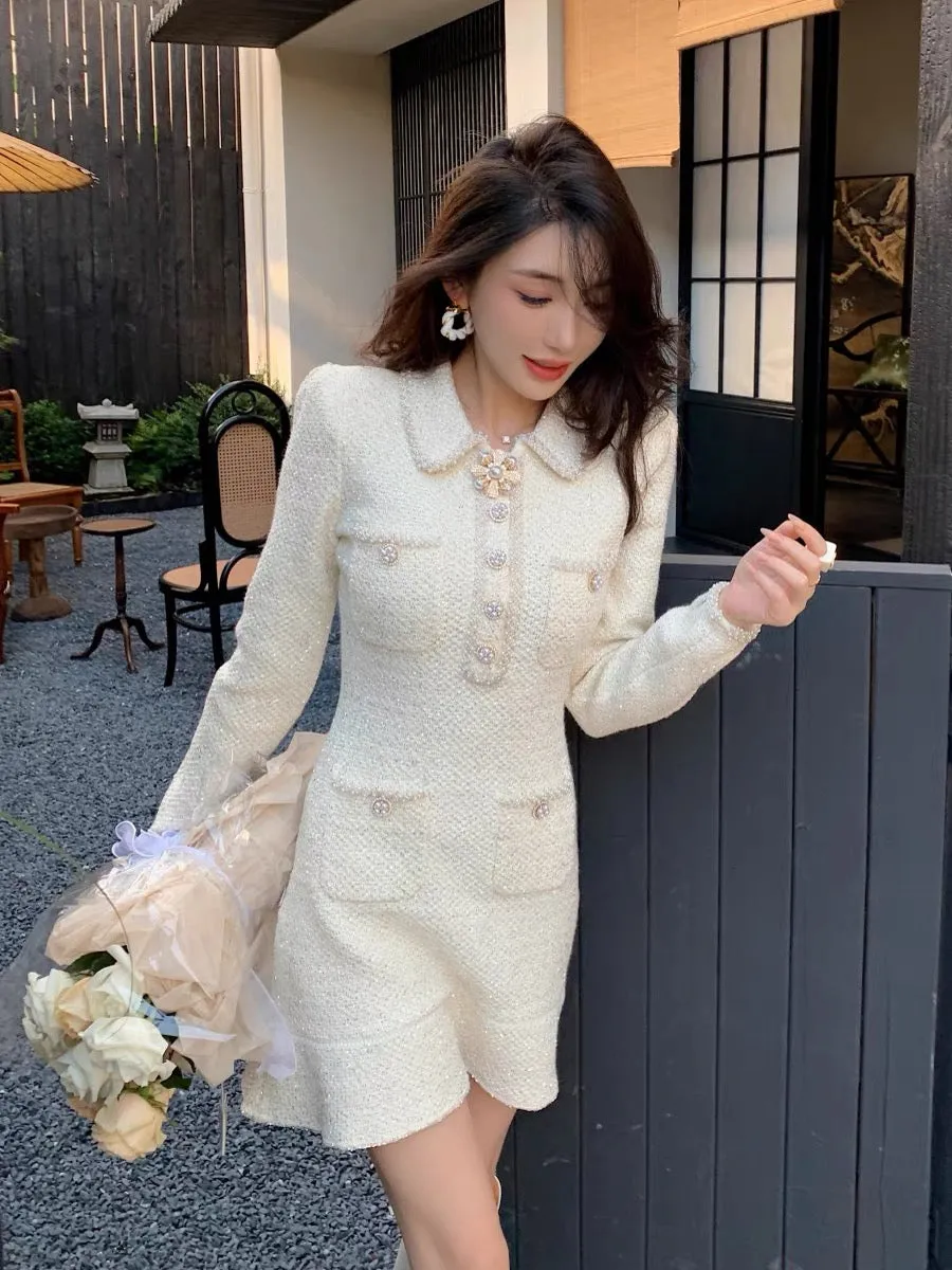 2023 autumn and winter socialite daughter Xiaoxiang style French gentle and sweet knitted lapel long-sleeved dress sweater short