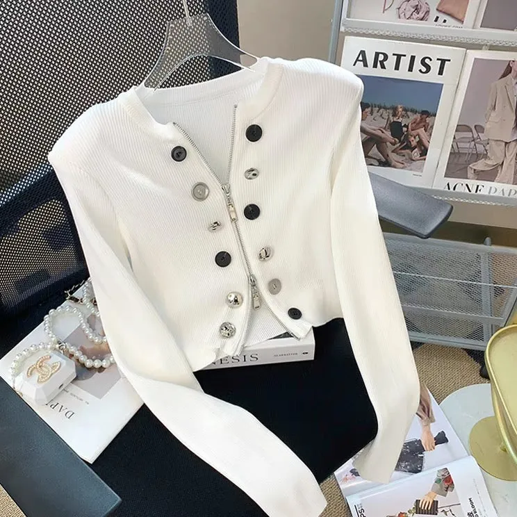 2023 Autumn Small Fragrance Style Double-breasted Decorated Knitted Cardigan Short Style Fashionable and Versatile Design Zipper