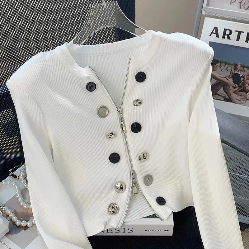 2023 Autumn Small Fragrance Style Double-breasted Decorated Knitted Cardigan Short Style Fashionable and Versatile Design Zipper