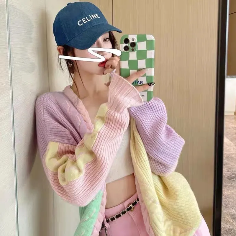 2023 new autumn and winter Korean style lazy high-end thick pink sweater cardigan knitted jacket for women thickened V1144