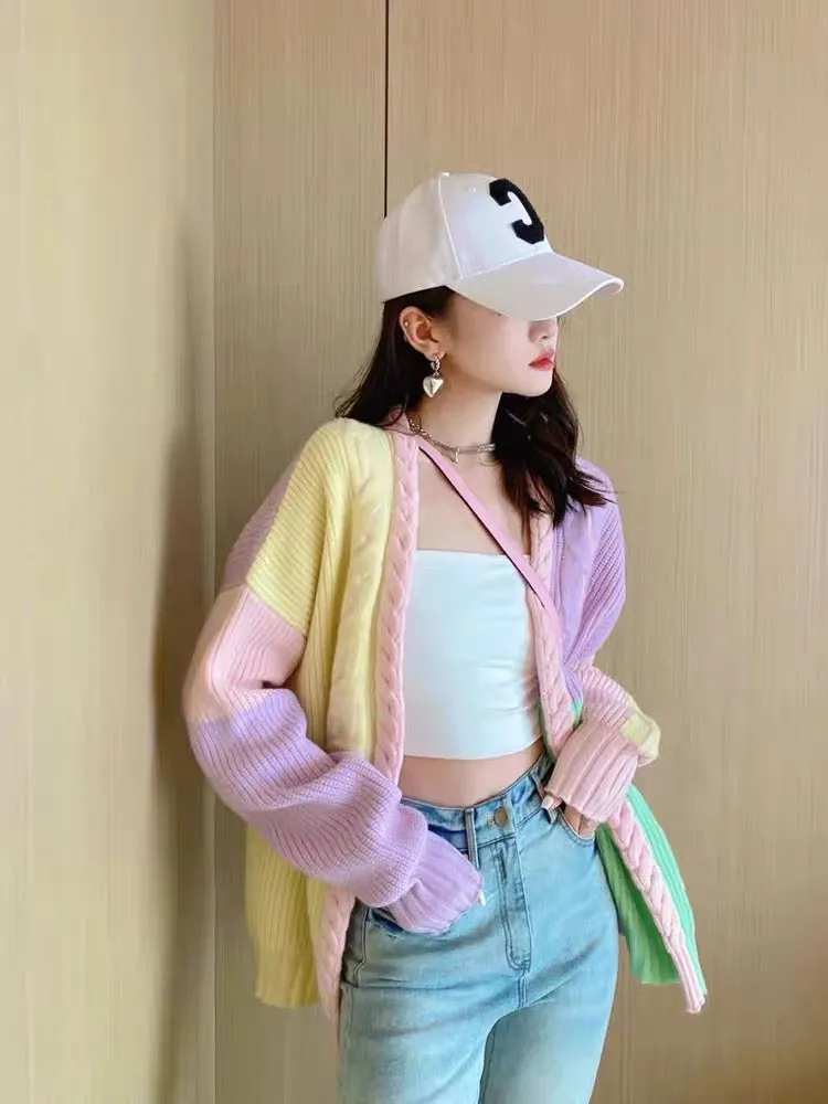 2023 new autumn and winter Korean style lazy high-end thick pink sweater cardigan knitted jacket for women thickened V1144