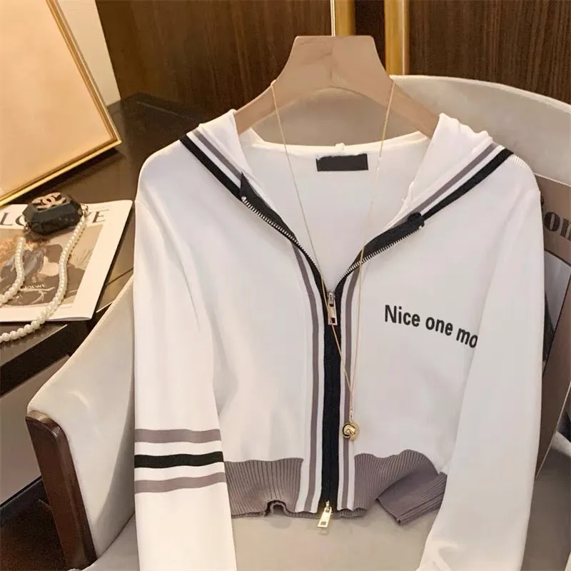 2023 Spring and Summer New American Fashion Printed Letters Double Zipper Cardigan Women's Fashionable Western Style Waisted Hoo