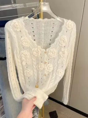 2023 Xiaoxiangfeng high-end white long-sleeved sweater autumn V-neck three-dimensional flower cardigan hollow knitted top T9898