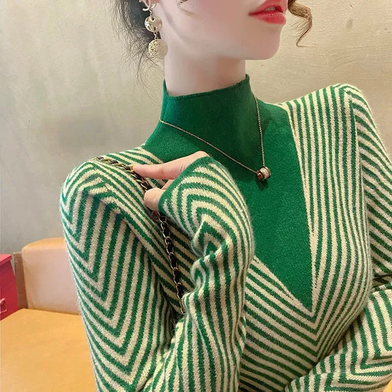 2024 early autumn new green striped half turtleneck bottoming shirt, fashionable and stylish knitted sweater inner layer