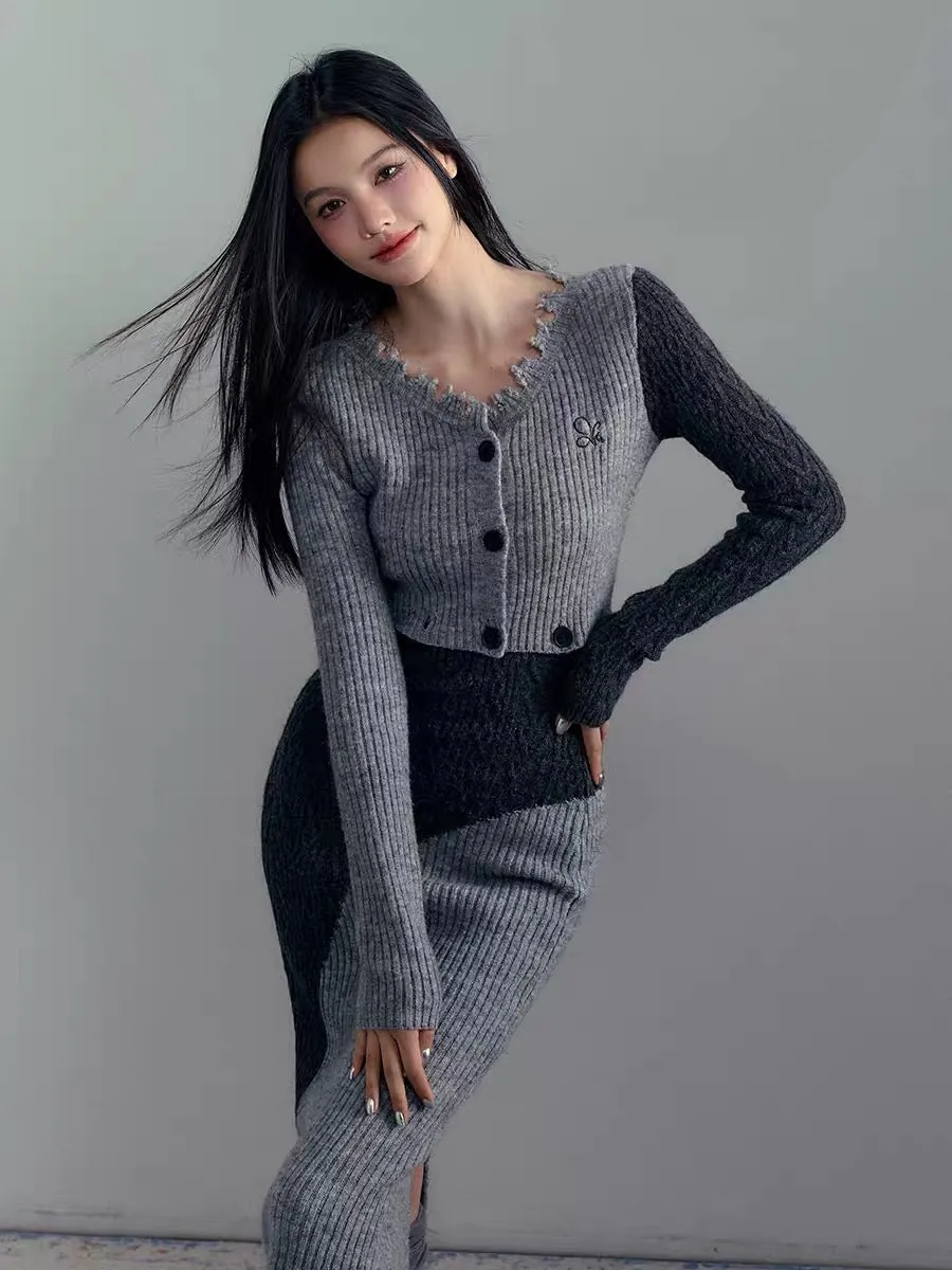 AGAM multi-wear design color block dress hot girl knitted cardigan detachable suit skirt (B4415)