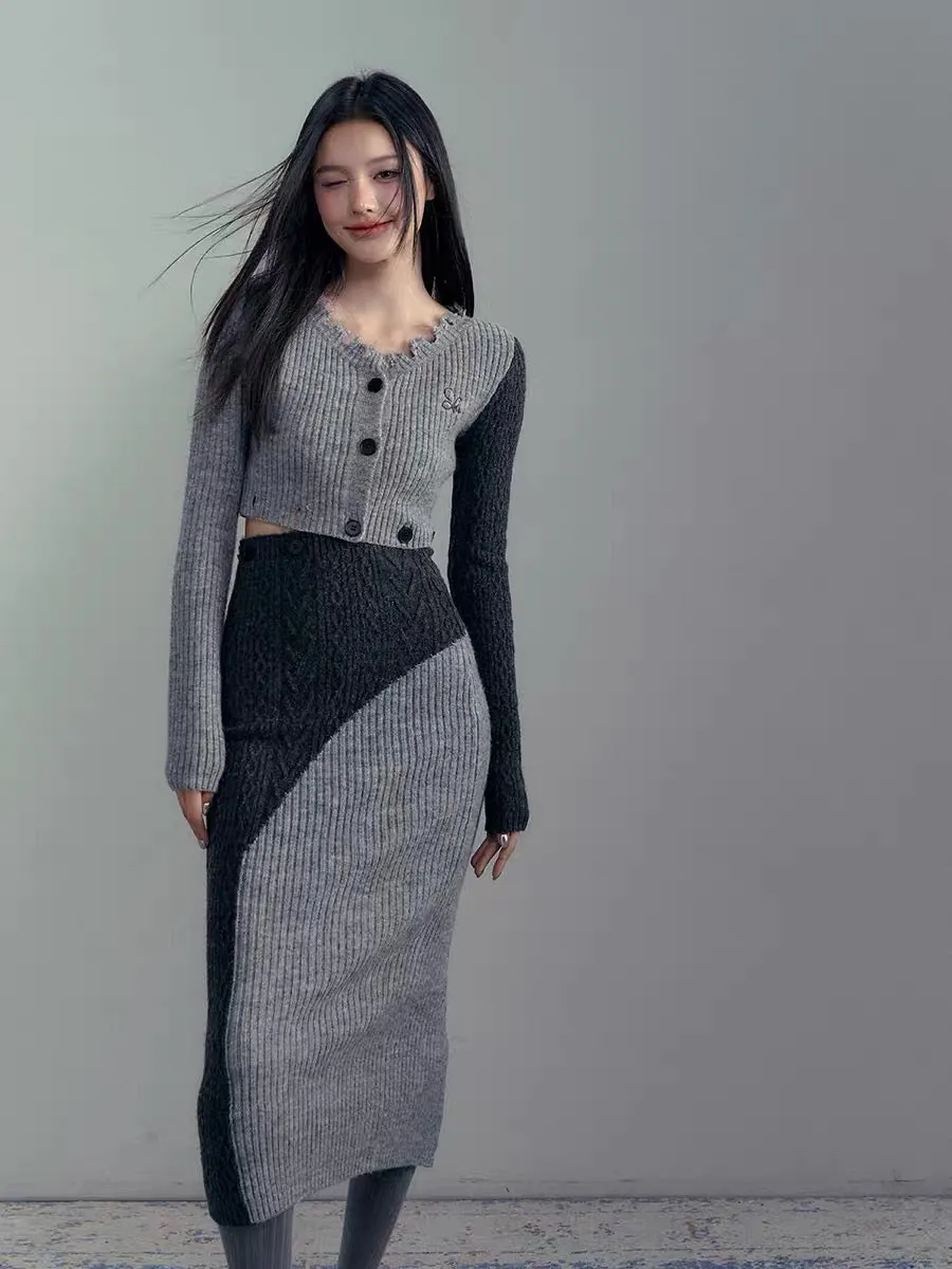 AGAM multi-wear design color block dress hot girl knitted cardigan detachable suit skirt (B4415)