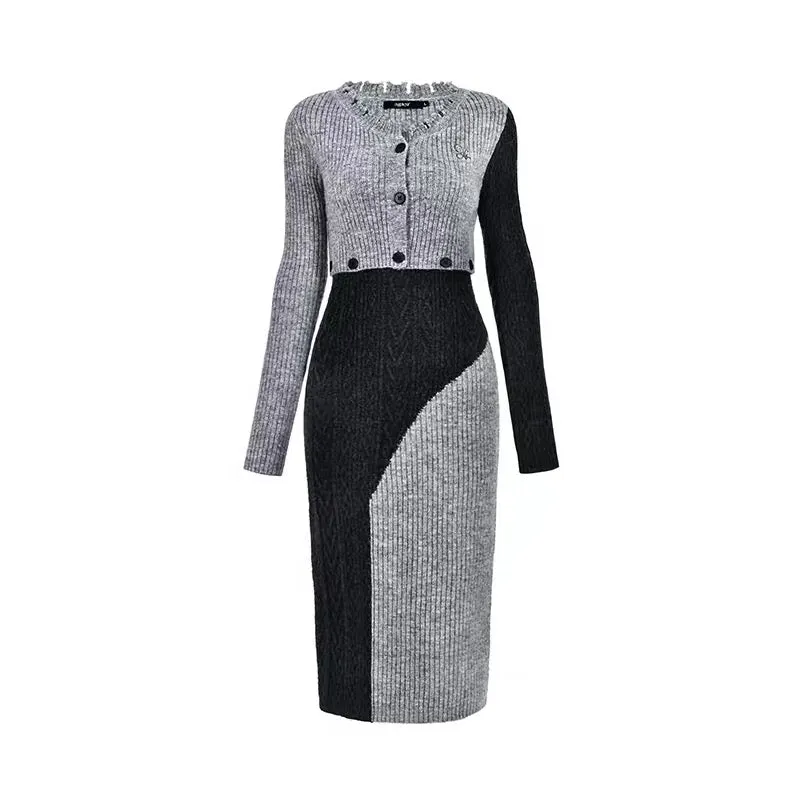 AGAM multi-wear design color block dress hot girl knitted cardigan detachable suit skirt (B4415)