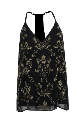 Alice & Olivia - Black Sleeveless Racerback Top w/ Gold Beaded Accents Sz M