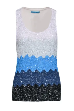 Alice & Olivia - White, Blue, & Black Color Block Sequin Sleeveless Top Sz M