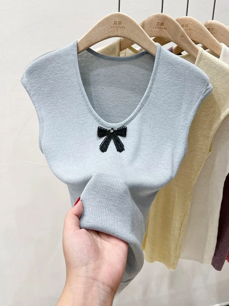 Apricot u-neck right shoulder short-sleeved sweater women's t-shirt ice silk thin summer bow flying sleeve slim short top