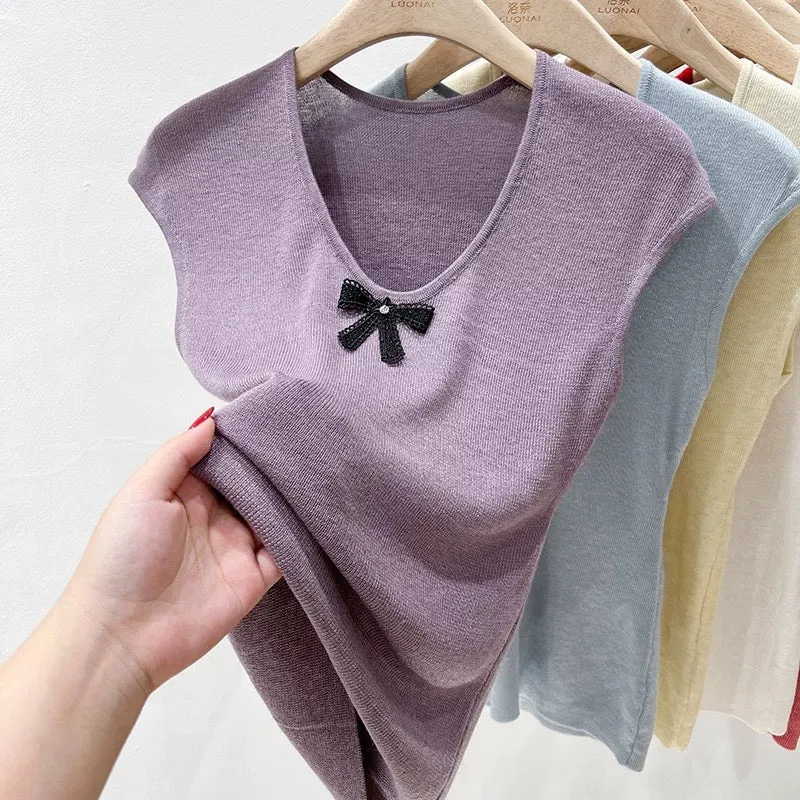 Apricot u-neck right shoulder short-sleeved sweater women's t-shirt ice silk thin summer bow flying sleeve slim short top