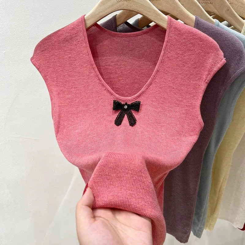 Apricot u-neck right shoulder short-sleeved sweater women's t-shirt ice silk thin summer bow flying sleeve slim short top