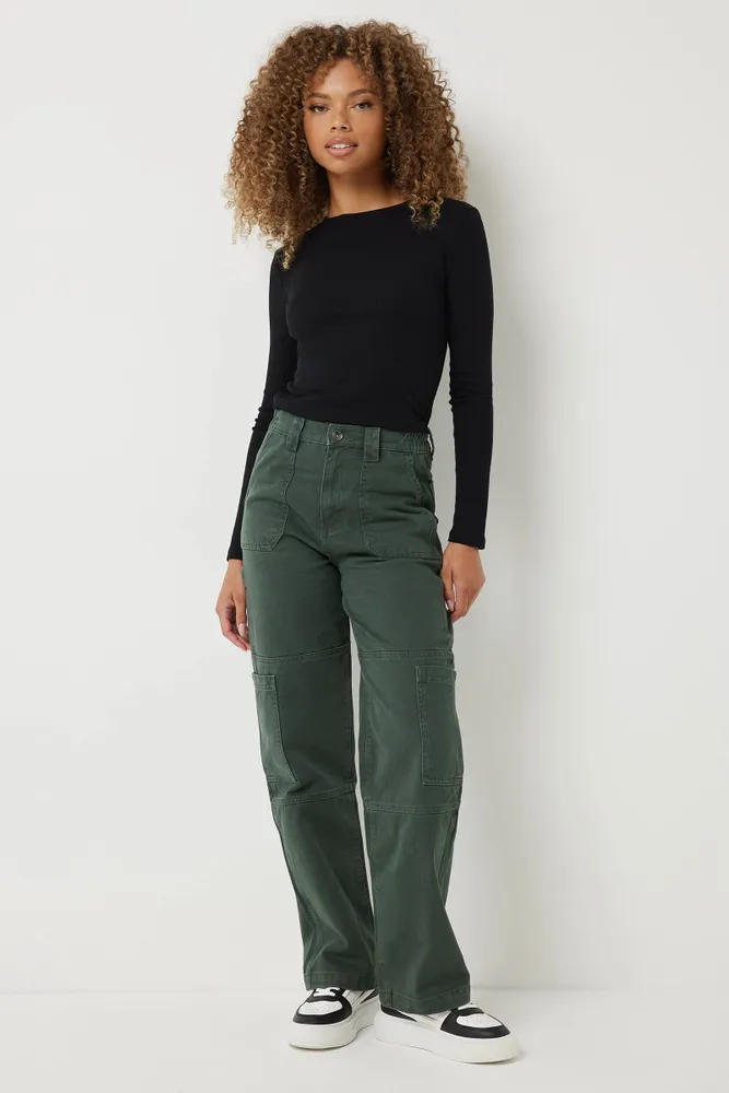 Ardene Ardene 90's High Rise Colored Carpenter Jeans in Dark Green | Size | 100% Cotton