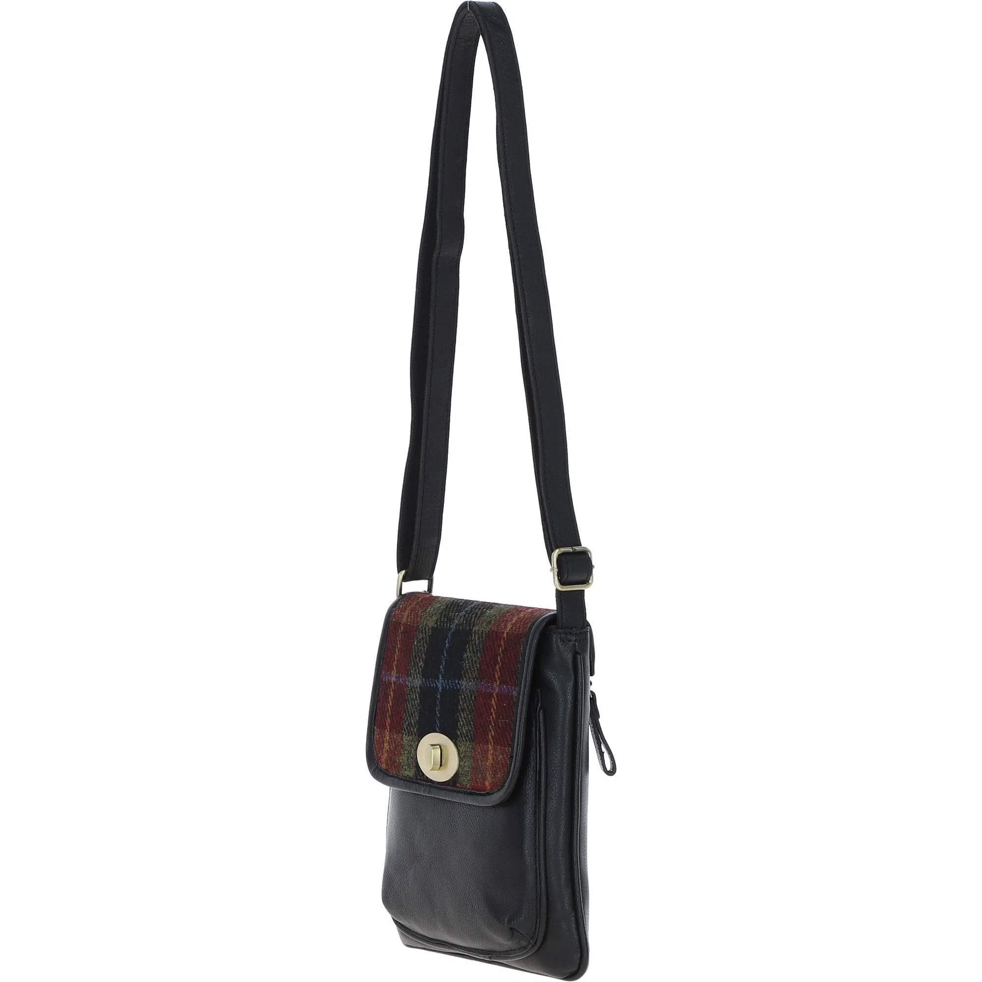 Ashwood Leather & Harris Tweed Twist Lock Crossbody Bag Black/Green/Red: TW-31-07-BR