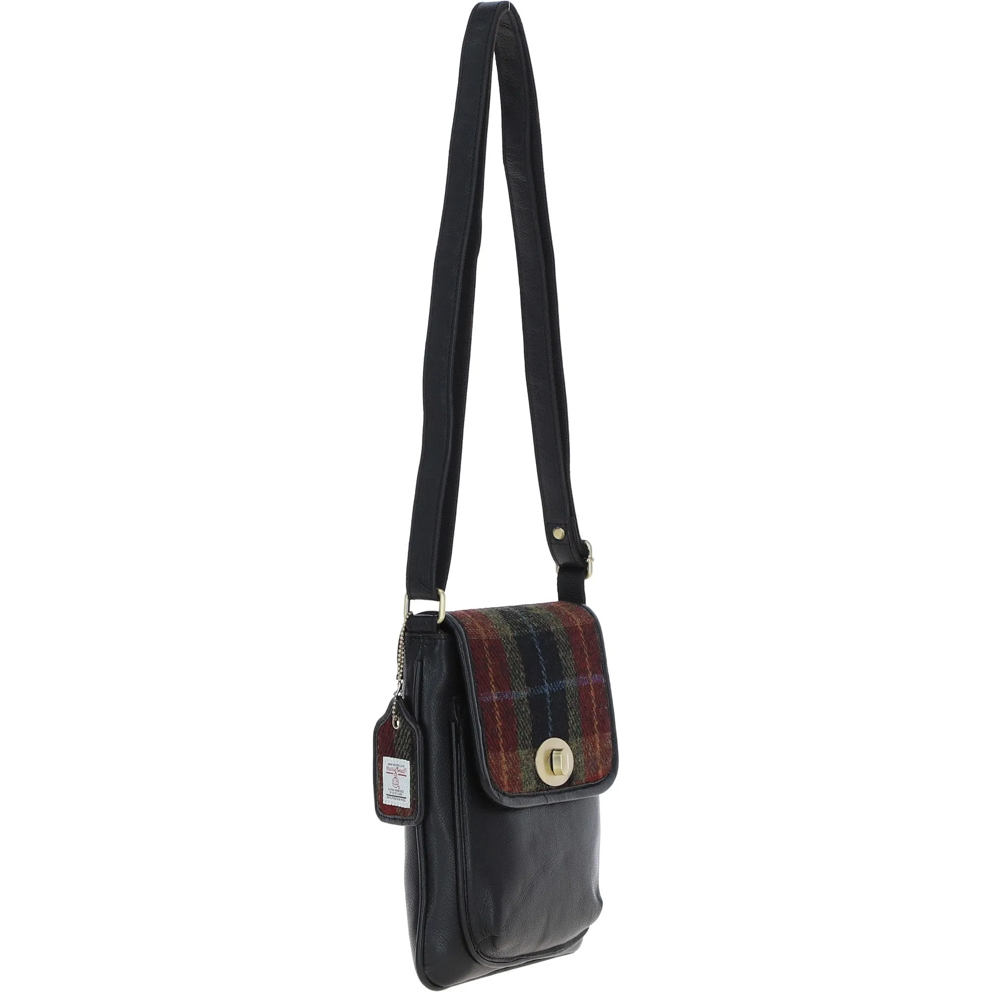 Ashwood Leather & Harris Tweed Twist Lock Crossbody Bag Black/Green/Red: TW-31-07-BR