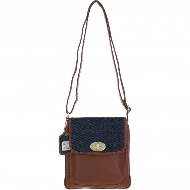 Ashwood Leather & Harris Tweed Twist Lock Crossbody Bag Tan/Navy: TW-31-011-TN