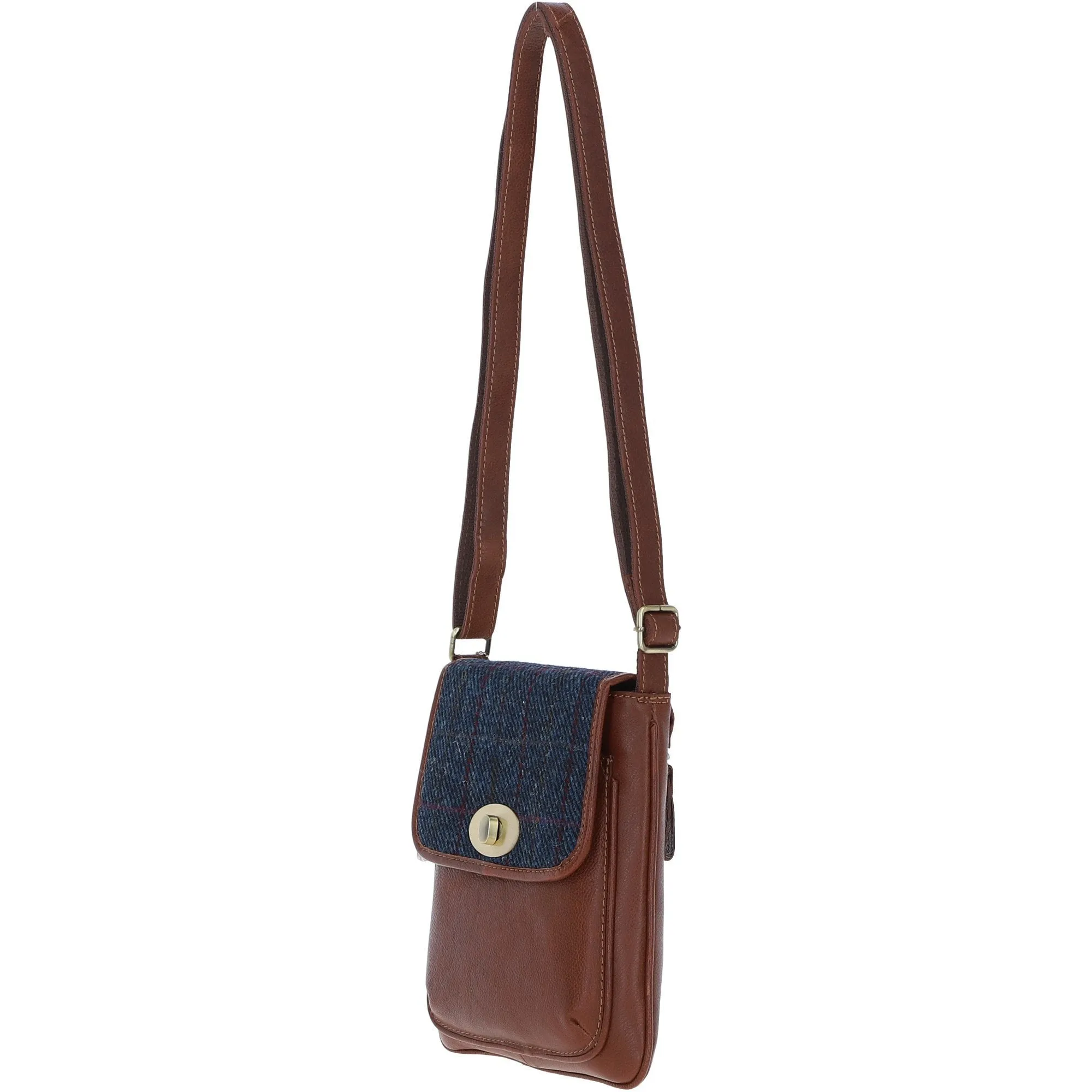 Ashwood Leather & Harris Tweed Twist Lock Crossbody Bag Tan/Navy: TW-31-011-TN