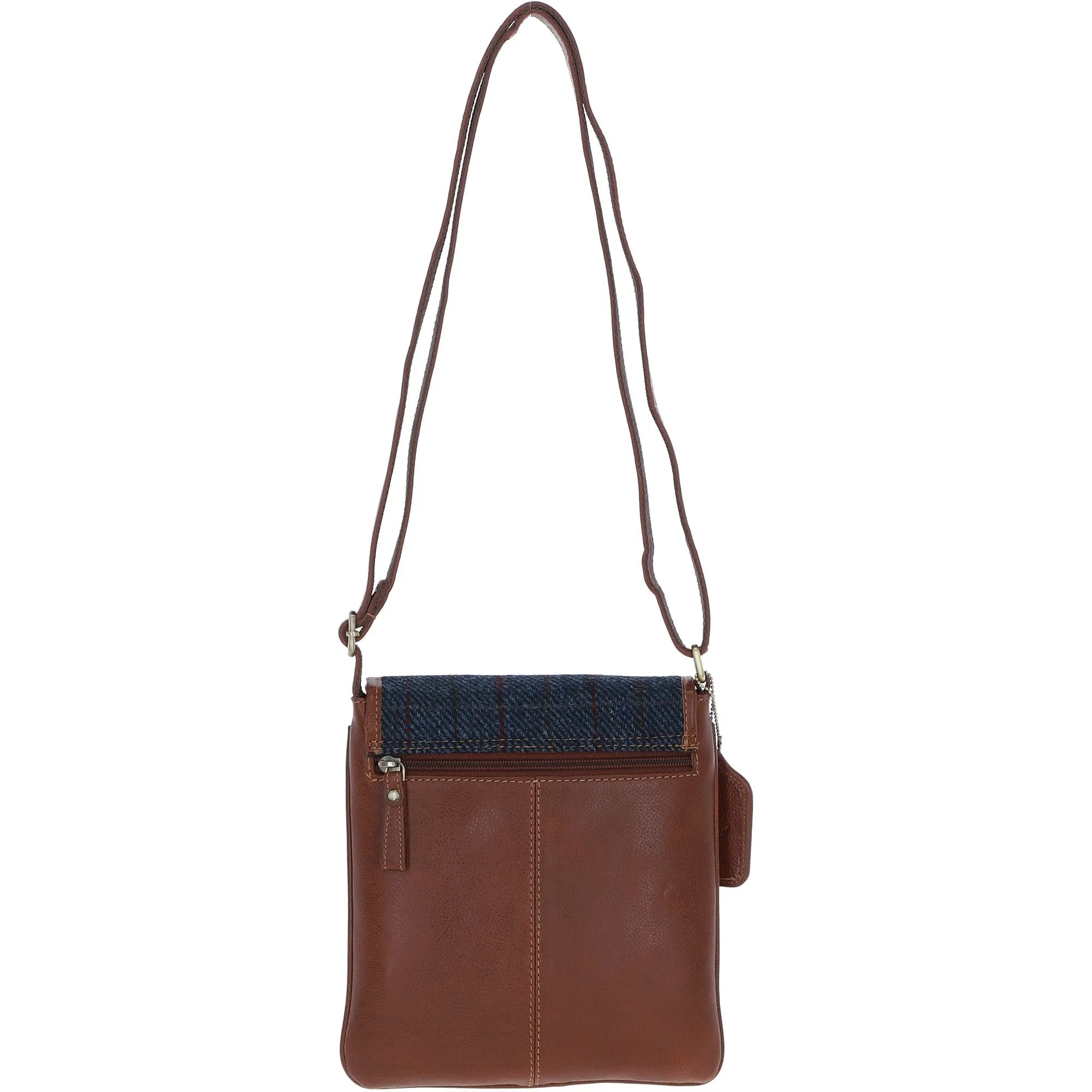 Ashwood Leather & Harris Tweed Twist Lock Crossbody Bag Tan/Navy: TW-31-011-TN