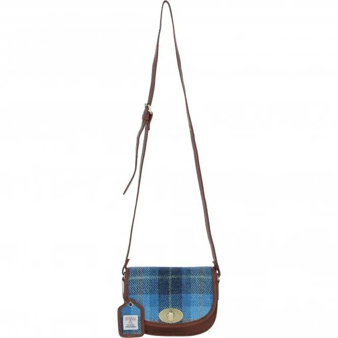 Ashwood Leather x Harris Tweed Saddle Crossbody Bag with Twist Lock Tan/LT Blue: TW-30-05-TB