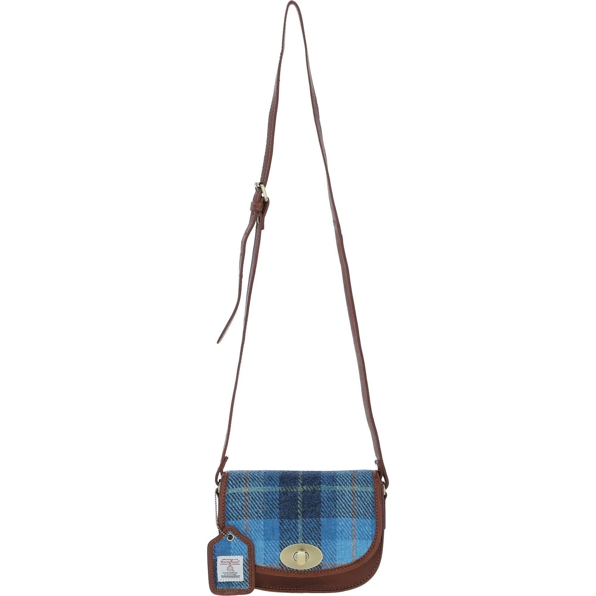 Ashwood Leather x Harris Tweed Saddle Crossbody Bag with Twist Lock Tan/LT Blue: TW-30-05-TB