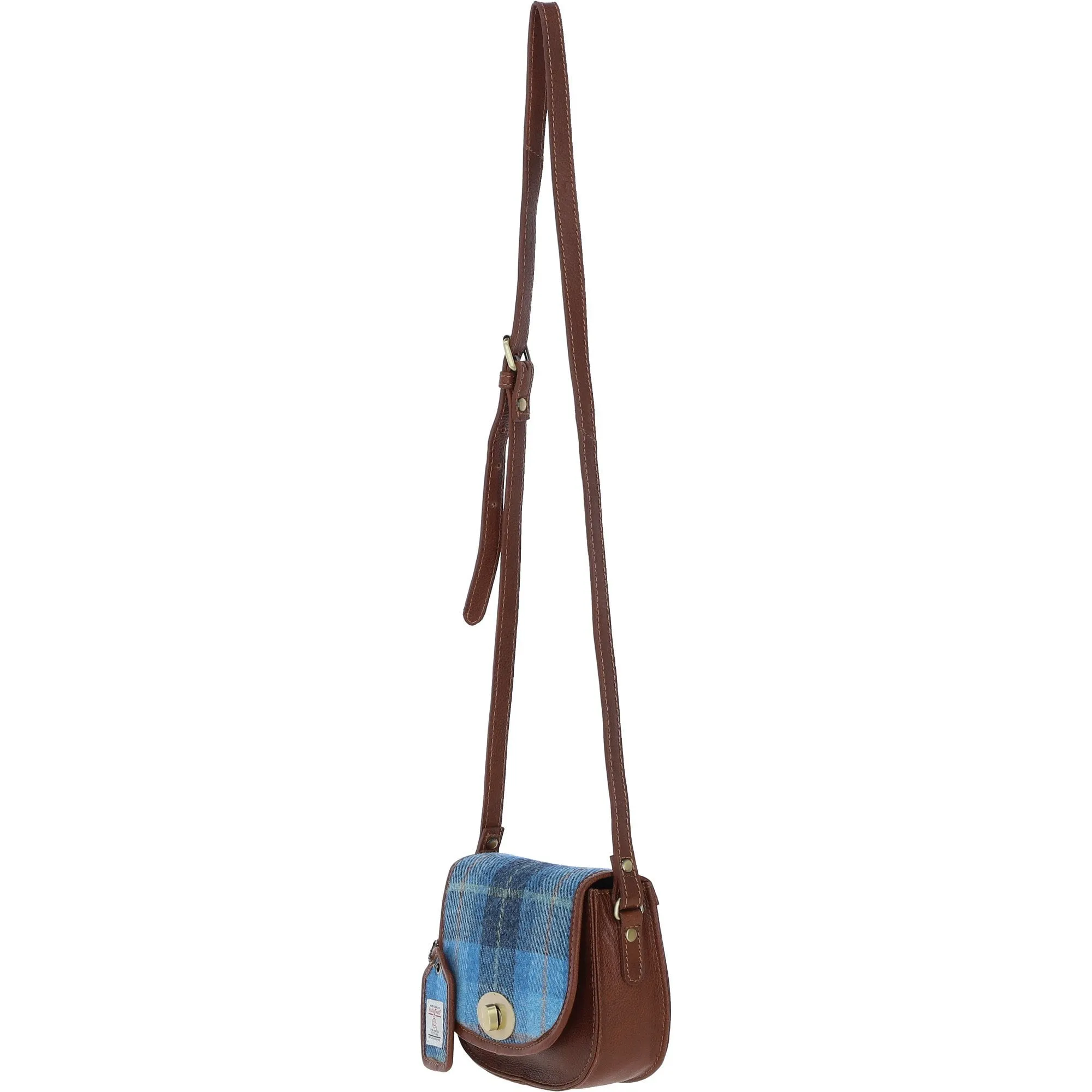 Ashwood Leather x Harris Tweed Saddle Crossbody Bag with Twist Lock Tan/LT Blue: TW-30-05-TB