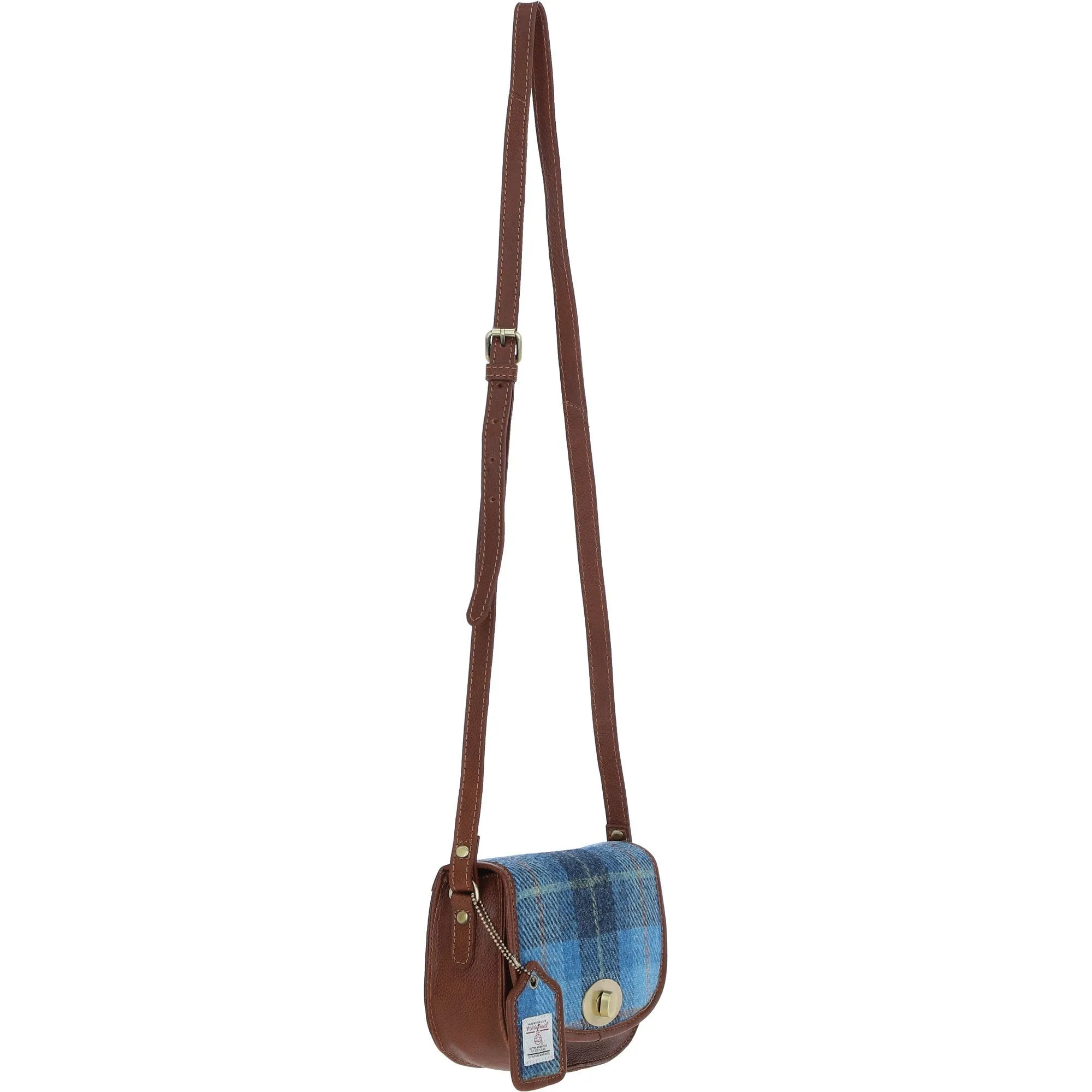 Ashwood Leather x Harris Tweed Saddle Crossbody Bag with Twist Lock Tan/LT Blue: TW-30-05-TB