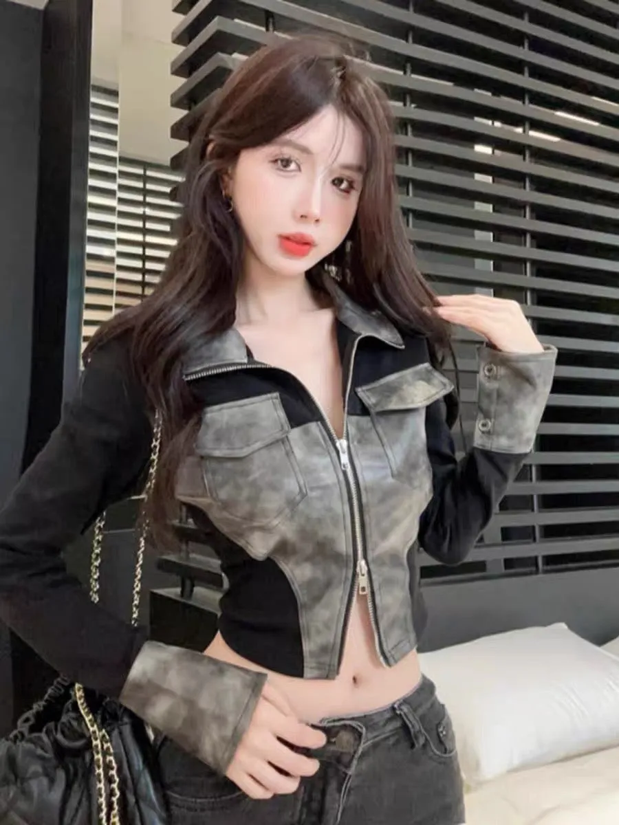 Autumn American retro niche design contrasting color splicing slimming versatile zipper cardigan women's short jacket top