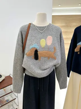 Autumn and winter foreign style warm Korean style soft and waxy cartoon balloon puppy jacquard loose pullover sweater women's to