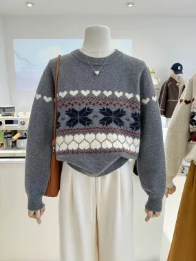 Autumn and winter new style lazy retro snowflake woven loose slim and warm round neck long-sleeved knitted pullover sweater for 