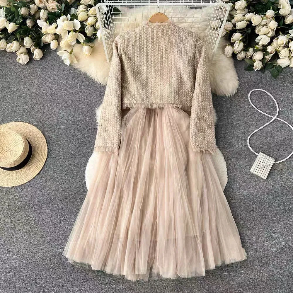 Autumn and winter Xiaoxiangfeng celebrity high-end suit women's short cardigan jacket + suspender mesh dress two-piece set (S099