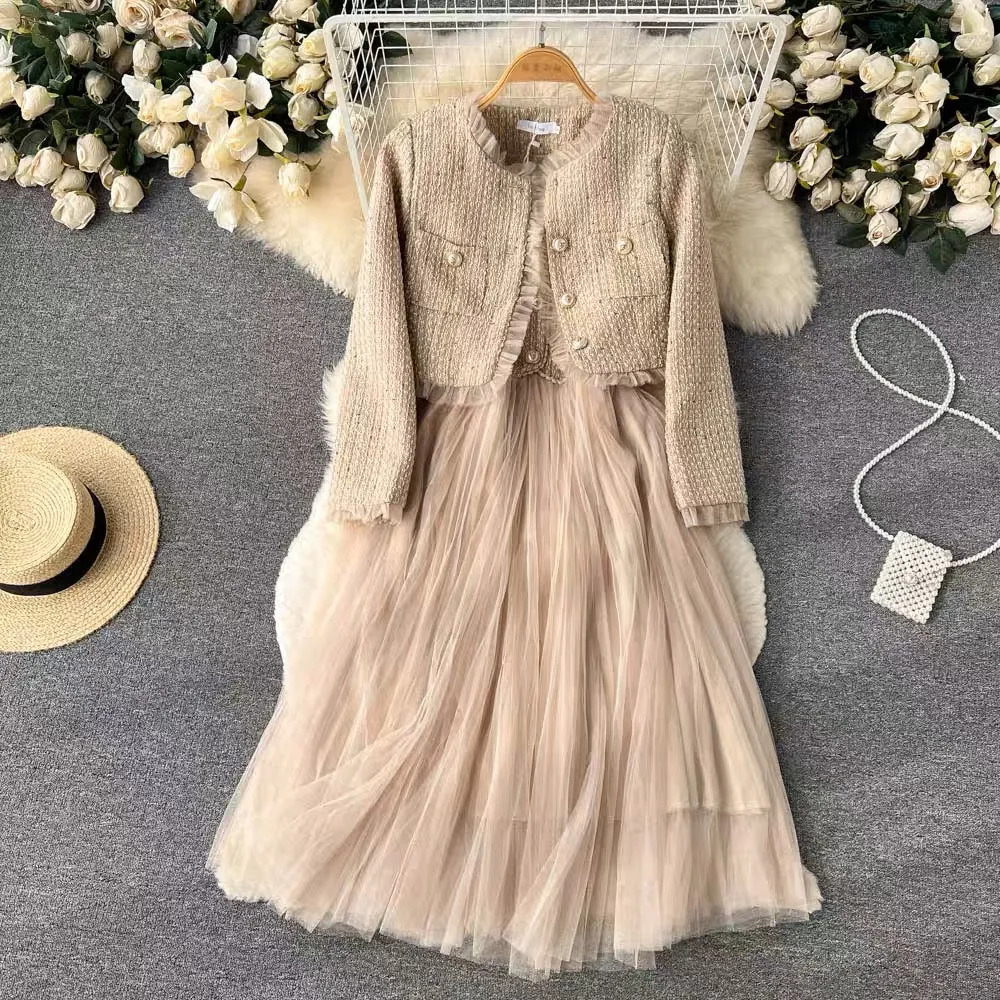 Autumn and winter Xiaoxiangfeng celebrity high-end suit women's short cardigan jacket + suspender mesh dress two-piece set (S099