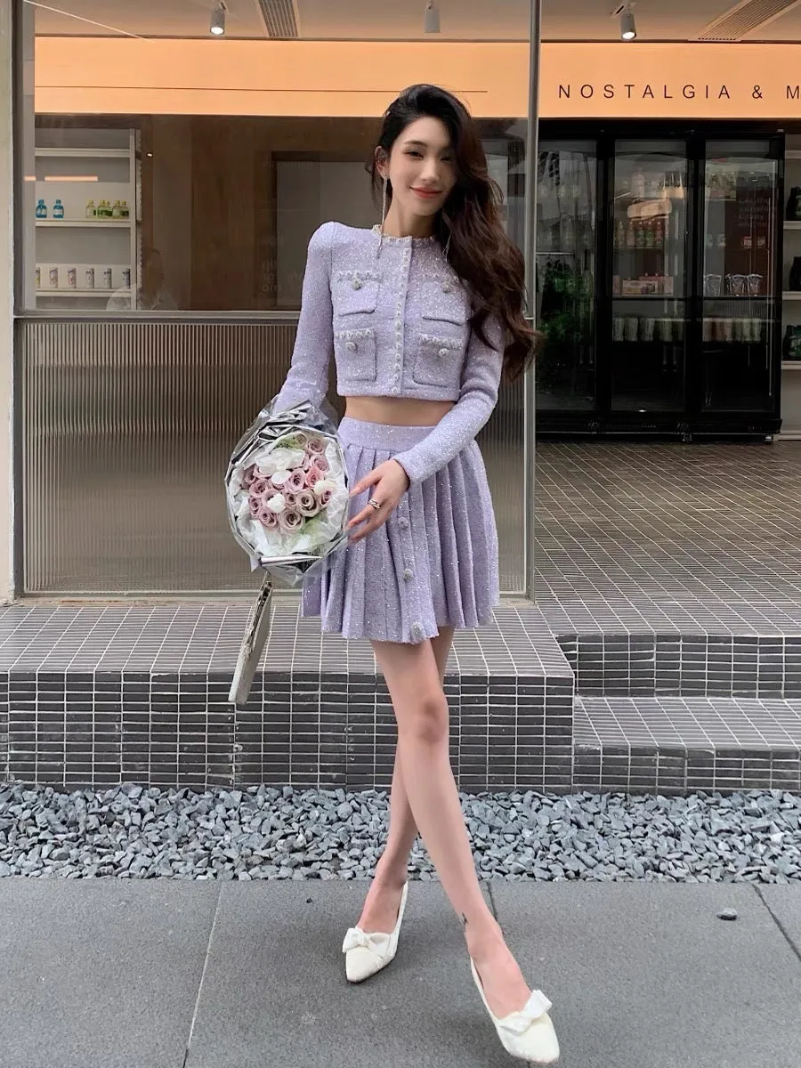 Autumn clothing is paired with a set of French gentle commuting purple sequined cardigan pleated skirt suit the same style as fe