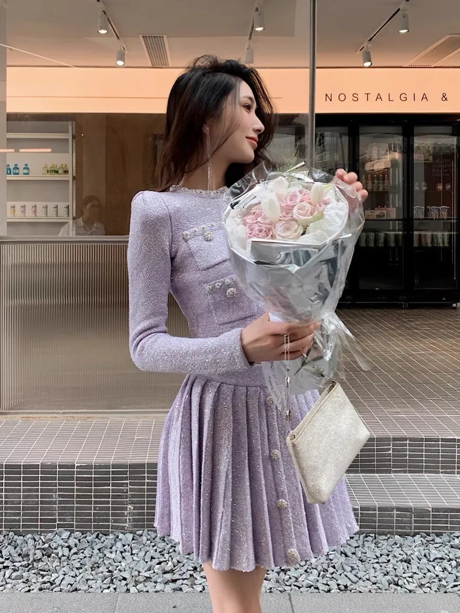 Autumn clothing is paired with a set of French gentle commuting purple sequined cardigan pleated skirt suit the same style as fe