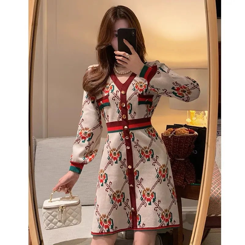 BETTER LS Socialite Xiaoxiangfeng v-neck knitted dress for women autumn and winter 2023 new small sweater dress (S0874)