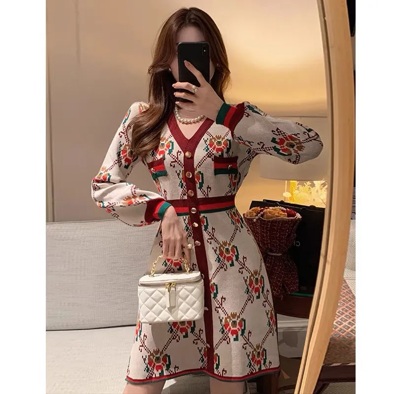 BETTER LS Socialite Xiaoxiangfeng v-neck knitted dress for women autumn and winter 2023 new small sweater dress (S0874)