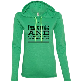 Bible Verse Ladies' Long Sleeve T-Shirt Hoodie - Your Word Is Light To My Path ~Psalm 119:105~  Design 10 (Black Font)