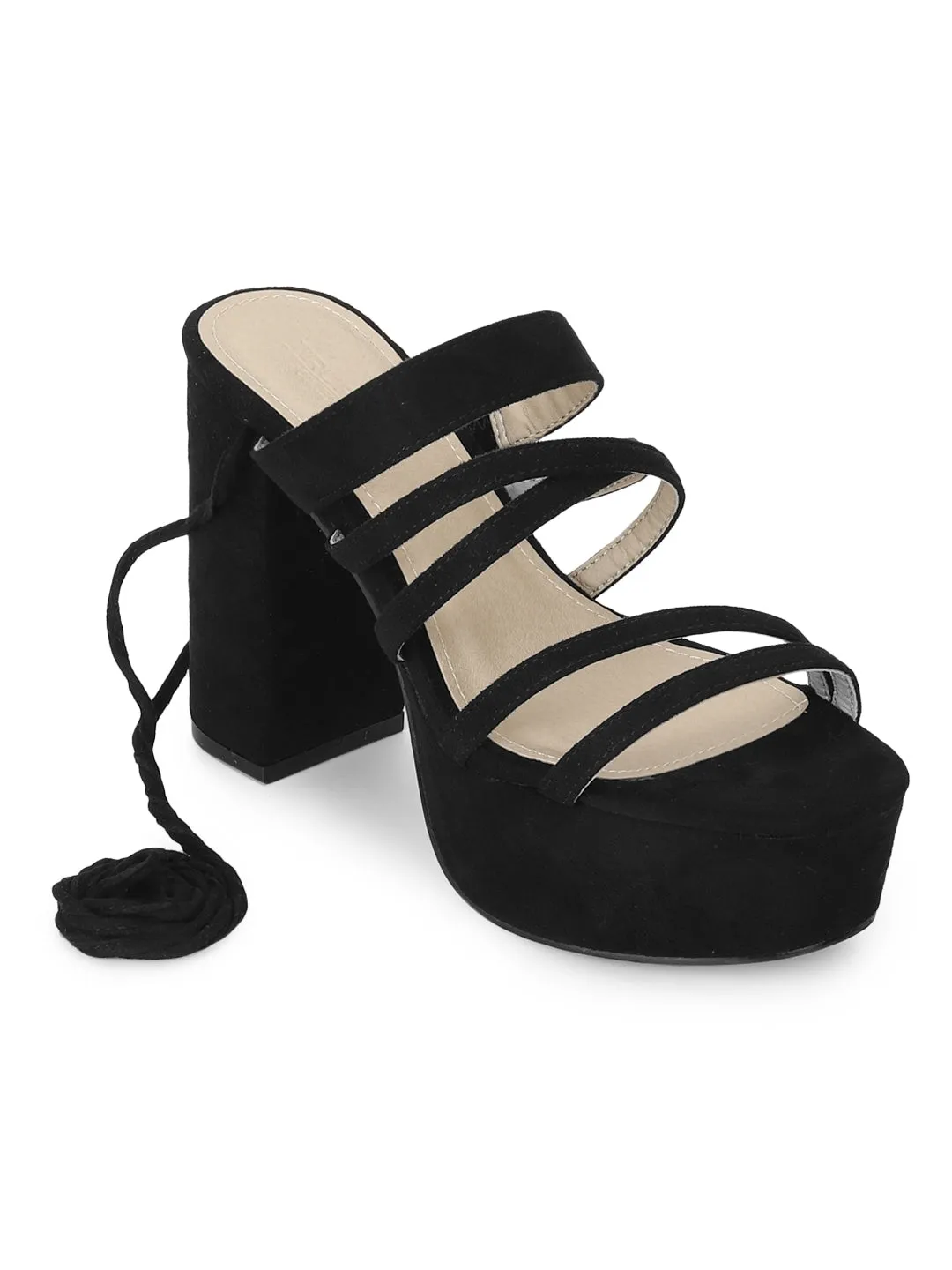 Black Micro Block Heel Lace Up Sandals