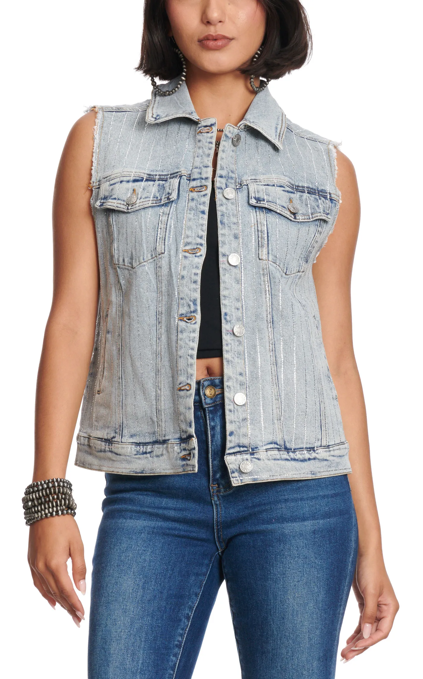 Blue B Women's Vintage Light Wash Bling Striped Denim Vest 