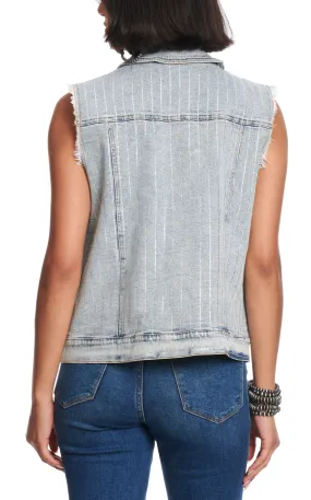 Blue B Women's Vintage Light Wash Bling Striped Denim Vest 