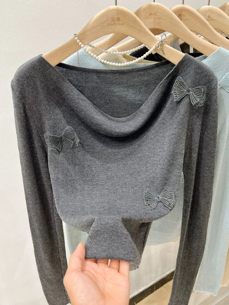 Blue Bow Swing Collar Sweater Women's Long Sleeve Spring and Autumn Off-Shoulder Off-Shoulder Cropped Tops and Bottoming Shirts