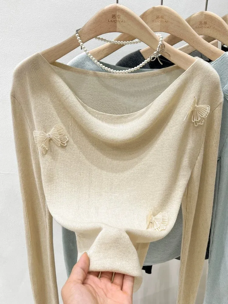 Blue Bow Swing Collar Sweater Women's Long Sleeve Spring and Autumn Off-Shoulder Off-Shoulder Cropped Tops and Bottoming Shirts